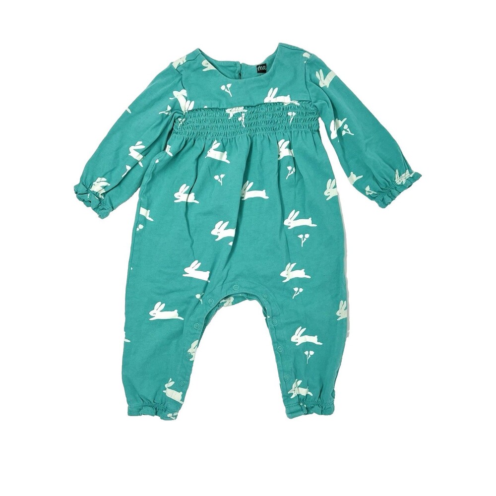 Tea Collection 6-9 Months Teal Bunny Print Baby Romper Spring Jumpsuit Easter
